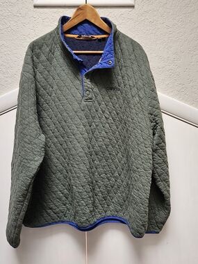Orvis Men's Quilted Pullover Jacket - Olive Green with Blue Trim